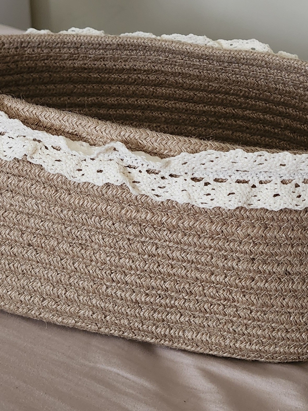 Woven Rope Basket with Lace Trim - Natural Beige